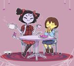  1girl =_= androgynous black_hair brown_hair carpet chair closed_eyes croissant cup doughnut eating extra_arms extra_eyes fangs food frisk_(undertale) hair_ribbon long_sleeves monster_girl muffet purple_skin ribbon sasa_kichi silk sitting spider_web spiky_hair striped striped_sweater sweater table teacup teapot twintails undertale yellow_skin 