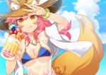  1girl :q animal_ears bikini bikini_top blue_bikini blue_sky breasts cleavage clouds cloudy_sky commentary_request fate/extra fate/grand_order fate_(series) fox_ears fox_tail hat holding horizon jewelry long_hair looking_at_viewer mozzarella necklace ocean orange_eyes parfait pink_hair see-through shirt sky smile solo straw_hat swimsuit t-shirt tail tamamo_(fate)_(all) tamamo_no_mae_(swimsuit_lancer)_(fate) tongue tongue_out 