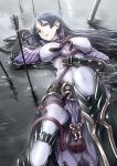  armor arrow black_hair blue_eyes bodysuit breasts fate/grand_order fate_(series) greaves highres japanese_armor kote liquid long_hair looking_away lying minamoto_no_raikou_(fate/grand_order) on_back puddle puffy_sleeves rain rope rusk_(canvas4ban) tassel 