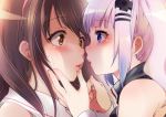  2girls a.i._channel bangs blue_eyes blush brown_hair commentary_request eye_contact eyebrows_visible_through_hair fingernails fujisaki_hikari hair_ornament hairband hairclip hand_on_another&#039;s_chin incoming_kiss kaguya_luna kaguya_luna_(character) kizuna_ai lips long_hair looking_at_another multiple_girls orange_eyes parted_lips portrait profile silver_hair sweatdrop twintails yuri 