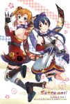  2girls alternate_hairstyle back-to-back blue_eyes blue_hair commentary_request detached_sleeves fingerless_gloves floating floral_print gloves hair_between_eyes hair_ornament hair_ribbon highres holding holding_sword holding_weapon japanese_clothes kimono kousaka_honoka kunai leg_garter long_hair looking_at_viewer love_live! love_live!_school_idol_festival love_live!_school_idol_project multiple_girls ninja one_side_up open_mouth orange_hair osa_(sette_mari) ponytail reverse_grip ribbon scarf sheath short_kimono short_sword sleeveless sonoda_umi striped sword thigh-highs weapon white_legwear yellow_eyes 