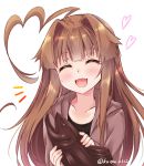  1girl ^_^ ^o^ ahoge alternate_costume brown_hair chocolate closed_eyes collarbone fang heart highres holding huge_ahoge kantai_collection ko_yu kuma_(kantai_collection) long_hair long_sleeves open_mouth simple_background smile solo twitter_username white_background 