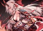  1girl armor bandanna breasts fate/grand_order fate_(series) haoni holding holding_weapon horns japanese_armor japanese_clothes katana kimono large_breasts long_hair red_eyes sheath sideboob silver_hair solo sword tomoe_gozen_(fate/grand_order) weapon white_kimono 