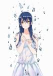  1girl absurdres bare_shoulders blue_hair bubble cowboy_shot dress hair_between_eyes highres l-air long_hair looking_at_viewer love_live! love_live!_school_idol_project simple_background smile solo sonoda_umi text wet wet_clothes white_background white_dress yellow_eyes 