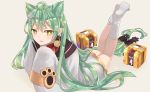  1girl :3 absurdres ahoge akashi_(azur_lane) animal_ears azur_lane bangs bell black_bow blush bow cat_ears commentary_request dress eyebrows_visible_through_hair green_hair hair_between_eyes hair_bow hair_ornament hand_up highres jingle_bell kneehighs long_hair long_sleeves looking_at_viewer low-tied_long_hair lying no_shoes on_stomach open_mouth parted_bangs paw_pose paw_print raised_eyebrows red_bow sanba_tsui simple_background sleeve_cuffs sleeves_past_wrists solo very_long_hair white_background white_legwear white_pupils yellow_eyes 