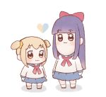  2girls :3 arms_at_sides bangs bkub_(style) blouse blue_sailor_collar blue_skirt blunt_bangs blush bow brown_footwear closed_mouth eyebrows_visible_through_hair full_body hair_bow hair_ornament hair_scrunchie heart light_brown_hair long_hair long_sleeves looking_at_viewer multiple_girls neckerchief parody pipimi poptepipic popuko purple_hair red_bow red_neckechief sailor_collar schally+ scrunchie shirt short_hair simple_background skirt socks standing style_parody two_side_up violet_eyes white_background white_legwear white_shirt yellow_eyes yellow_scrunchie 