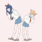  2girls :d arms_up blouse blue_hair blue_sailor_collar blue_skirt blush bow brown_footwear brown_hair claw_pose closed_eyes full_body hair_bow hair_ornament hair_scrunchie kneehighs kurumi4186399 leaning_to_the_side loafers long_sleeves looking_at_viewer multiple_girls necktie open_mouth pink_background pipimi pleated_skirt poptepipic popuko red_bow red_neckwear sailor_collar scrunchie shoes short_hair simple_background skirt smile two_side_up v-shaped_eyebrows white_legwear 