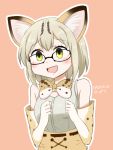  1girl :d animal_ears belt black-framed_eyewear blush bow bowtie cat_ears character_name clenched_hands commentary copyright_name denmaru._(dedendenmaru) elbow_gloves eyebrows_visible_through_hair glasses gloves green_eyes hands_up kemono_friends margay_(kemono_friends) margay_print open_mouth print_gloves print_neckwear shirt simple_background sleeveless sleeveless_shirt smile solo spotted_hair 