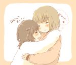  2girls :&gt; :d bangs black_bow blush bow brown_hair brown_sweater closed_eyes closed_mouth eyebrows_visible_through_hair fang foomi hair_bow hug light_brown_hair long_hair long_sleeves multiple_girls open_mouth original profile sleeves_past_wrists smile sweater translation_request white_sweater yuri 
