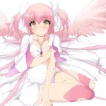  1girl absurdres breasts choker cleavage collarbone commentary_request covering covering_breasts dress frilled_dress frills gloves goddess_madoka hair_ribbon highres kaname_madoka long_hair looking_at_viewer magical_girl mahou_shoujo_madoka_magica medium_breasts misteor pink_hair pink_legwear ribbon simple_background siting solo thigh-highs torn_clothes torn_dress torn_thighhighs two_side_up white_background white_dress white_gloves wings yellow_eyes 