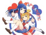  2girls :3 artist_name bkub_(style) blouse blue_eyes blue_hair blue_sailor_collar blue_skirt blurry bow brown_footwear censored commentary_request copyright_name eyebrows_visible_through_hair hair_bow heart kneehighs loafers long_hair long_sleeves middle_finger midori_fuu midriff mosaic_censoring multiple_girls neckerchief one_side_up parody pipimi pleated_skirt poptepipic popuko red_bow red_neckwear sailor_collar shirt shoes short_hair sidelocks simple_background skirt style_parody twitter_username white_background white_legwear white_shirt yellow_eyes yellow_neckwear 
