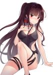  1girl absurdres bada_(jksh5056) black_swimsuit blush brown_hair casual_one-piece_swimsuit chocolate_hair cowboy_shot girls_frontline highres invisible_chair long_hair looking_at_viewer one-piece_swimsuit ponytail red_eyes simple_background sitting solo swimsuit wa2000_(girls_frontline) white_background 