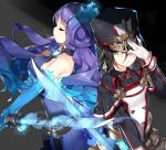  2girls breasts closed_eyes collarbone fire gloves hat kagutsuchi_(xenoblade) long_hair medium_breasts meleph_(xenoblade) military military_hat military_uniform multiple_girls pauldrons purple_hair reverse_trap simple_background smile sword uniform weapon xenoblade xenoblade_2 