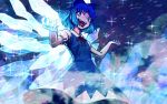  1girl blue_dress blue_eyes blue_hair cirno crazy_smile dress hair_ribbon ice ice_wings looking_at_viewer meimaru_inuchiyo open_mouth ribbon short_hair solo sparkle touhou wings 