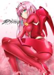  1girl absurdres ass bangs bodysuit breasts closed_mouth commentary_request darling_in_the_franxx derivative_work eyebrows_visible_through_hair feathers green_eyes hair_between_eyes highres horns impossible_bodysuit impossible_clothes large_breasts legs long_hair long_legs oooqqq pink_feather pink_hair red_bodysuit smile solo thighs very_long_hair zero_two_(darling_in_the_franxx) 