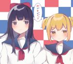  :3 alternate_hair_color bangs black_eyes black_hair blue_sailor_collar blush bow checkered checkered_background closed_mouth commentary copyright_name eyebrows_visible_through_hair hair_bow hair_ornament hair_scrunchie heremia highres long_hair long_sleeves neckerchief pipimi poptepipic popuko red_bow red_neckwear sailor_collar scrunchie shiny shiny_hair shirt short_hair side-by-side speech_bubble two_side_up upper_body white_shirt yellow_eyes yellow_scrunchie 