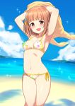  1girl :d armpits arms_up bangs beach bikini blunt_bangs blush breasts brown_eyes brown_hair cleavage collarbone day eyebrows_visible_through_hair hair_ornament highres hiraga_matsuri idolmaster idolmaster_cinderella_girls kitami_yuzu looking_at_viewer medium_breasts ocean open_mouth outdoors short_hair side-tie_bikini smile solo swimsuit 