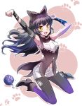  1girl black_hair blake_belladonna iesupa paw_print rwby smile solo wrist_wraps yarn yarn_ball yellow_eyes 