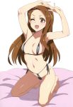  1girl ;d arms_up bare_legs bare_shoulders barefoot bikini black_bikini black_ribbon blush breasts brown_hair collarbone cushion forehead full_body groin hairband highleg highleg_bikini highres idolmaster idolmaster_(classic) inue_shinsuke long_hair looking_at_viewer medium_breasts micro_bikini minase_iori navel one_eye_closed open_mouth red_eyes ribbon scan shiny shiny_hair side-tie_bikini simple_background small_breasts smile solo stomach straight_hair string_bikini swimsuit tareme white_background 