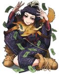  1girl :&gt; ainu ainu_clothes animal_skull arms_up bandanna bangs black_hair earrings eyeshadow flipped_hair fur gashi-gashi golden_kamuy inkarmat jewelry looking_at_viewer makeup money necklace parted_bangs short_hair smile solo 