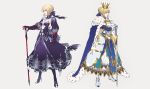  1girl armor armored_dress artoria_pendragon_(all) bangs blonde_hair blue_dress blue_ribbon boots braid breasts cape clenched_hand commentary_request crossed_arms dark_excalibur dress ears_visible_through_hair eyebrows_visible_through_hair facing_to_the_side fate/stay_night fate_(series) full_body gauntlets greaves green_eyes grey_background hair_between_eyes hair_bun hair_ribbon hand_on_hilt hands_on_hilt high_heel_boots high_heels highres legs_apart looking_at_viewer medium_breasts multicolored multicolored_cape multicolored_clothes multicolored_footwear multiple_views parted_lips puffy_sleeves ribbon saber simple_background solo standing sword weapon white_background yellow_eyes yosi135 