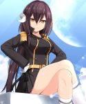  1girl azur_lane black_hair commentary_request epaulettes gloves hands_on_hips horns kneehighs legs_crossed looking_at_viewer mikasa_(azur_lane) naval_flag pleated_skirt short_hair simple_background skirt smile solo suzuna_(najaran) white_gloves white_legwear yellow_eyes 