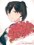  1girl black_hair brown_eyes english expressionless flower japanese_clothes kaga_(kantai_collection) kantai_collection manakannn muneate red_flower red_rose rose short_hair side_ponytail solo tasuki upper_body 