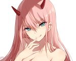  1girl aqua_eyes bison_cangshu breasts darling_in_the_franxx finger_to_mouth horns pink_hair tongue tongue_out white_background zero_two_(darling_in_the_franxx) 