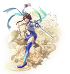  absurdres brown_eyes brown_hair chai_xianghua china_dress chinese_clothes concept_art dress embroidery flower halftone highres lotus ribbon shoes soul_calibur soulcalibur_vi sword weapon 
