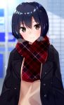  1girl 3: black_eyes black_hair blurry coat commentary_request depth_of_field gomashi_(goma) highres long_hair looking_at_viewer original scarf school_uniform solo tears winter_clothes winter_coat 