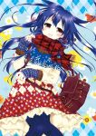  1girl bag blue_hair blue_legwear commentary_request cowboy_shot eyebrows_visible_through_hair floating_hair hair_between_eyes long_hair long_sleeves love_live! love_live!_school_idol_project open_mouth pantyhose plaid plaid_scarf ponton scarf smile solo sonoda_umi winter_clothes yellow_eyes 