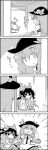  4koma :&gt; :d beans belt bow box comic commentary_request emphasis_lines eyebrows_visible_through_hair food from_behind fruit greyscale hair_bow hallway hat highres hinanawi_tenshi holding horns ibuki_suika in_box in_container long_hair masu monochrome open_mouth patches peach short_sleeves smile tani_takeshi touhou translation_request visible_air yorigami_shion yukkuri_shiteitte_ne 