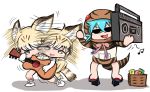  2girls afterimage animal_ears bare_legs bare_shoulders boombox cassette_tape cat_ears cat_tail diznaoto gloves guitar hood hoodie instrument kemono_friends multiple_girls musical_note open_mouth sand_cat_(kemono_friends) sand_cat_print sandals snake_tail speed_lines striped_clothes sunglasses tail thigh-highs tsuchinoko_(kemono_friends) 