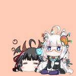  2girls =_= ahoge animal_ears bailingxiao_jiu bangs bat_wings black_hair black_jacket black_wings blue_ribbon blush blush_stickers brown_background chibi closed_eyes closed_mouth commentary_request copyright_request eyebrows_visible_through_hair fox_mask glasses hair_ornament hair_ribbon head_wings horns jacket lantern long_hair long_sleeves lying mask multiple_girls no_shoes on_stomach purple_legwear red-framed_eyewear ribbon shirt silver_hair simple_background sitting thigh-highs very_long_hair white_shirt wings 