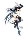 1girl absurdres ass blue_eyes boots breasts cleavage closers demon_girl demon_tail eyepatch full_body gloves grin harpy_(closers) highres horn large_breasts leg_up long_hair midriff official_art partly_fingerless_gloves sideboob silver_hair smile solo succubus tail thigh_strap transparent_background under_boob very_long_hair 
