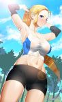  1girl abs adjusting_hair armpits arms_up bike_shorts blonde_hair blue_eyes blue_sky breasts clouds day ddoalo gluteal_fold groin highres impossible_clothes large_breasts long_hair looking_at_viewer navel original outdoors ponytail sky solo standing sweat tank_top very_long_hair 