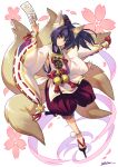  1girl animal_ears anklet armpit_cutout bell closed_mouth flower fox fox_ears fox_tail full_body geta hair_intakes hand_up highres holding japanese_clothes jewelry jingle_bell kimono kotatsu_(g-rough) long_hair long_sleeves multiple_tails no_nose no_socks ofuda ponytail puffy_shorts purple_hair shorts signature simple_background slit_pupils smile solo standing standing_on_one_leg tail tengu-geta white_background wide_sleeves yellow_eyes 