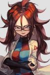  1girl android_21 black-framed_eyewear blue_eyes breasts brown_hair checkered checkered_dress curly_hair dragon_ball dragon_ball_fighterz dress earrings glasses grey_background hankuri hoop_earrings jacket jewelry labcoat long_hair looking_at_viewer medium_breasts nail_polish open_mouth smile solo upper_body 