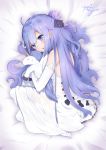  1girl ahoge azur_lane bed_sheet chaciooh commentary_request doll_hug dress hair_ribbon highres long_hair looking_at_viewer lying one_side_up parted_lips purple_hair ribbon solo stuffed_animal stuffed_pegasus stuffed_toy stuffed_unicorn unicorn_(azur_lane) violet_eyes white_dress white_legwear 