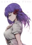  1girl breasts closed_mouth copyright_name dress expressionless fate/stay_night fate_(series) from_side hair_ribbon hand_on_own_chest haoni heaven&#039;s_feel matou_sakura medium_breasts petals profile purple_hair ribbon short_hair short_sleeves simple_background solo upper_body white_background white_dress wind 