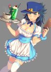  1boy 1girl :d alternate_costume apron black_hair blue_hair blue_hat blush breasts cherry cherry_earrings cleavage closed_mouth cup drinking_glass drinking_straw dutch_angle earrings embarrassed enmaided food food_themed_earrings fruit genderswap genderswap_(mtf) green_eyes grey_background hat highres holding jewelry jojo_no_kimyou_na_bouken kakyouin_noriaki kotatsu_(g-rough) kuujou_joutarou large_breasts long_hair maid menu miniboy open_mouth peaked_cap puffy_short_sleeves puffy_sleeves red_eyes redhead short_sleeves simple_background skindentation smile solo_focus spoon standing thigh-highs tray waist_apron waitress white_legwear zettai_ryouiki 