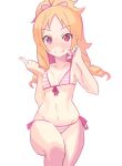  1girl bikini blonde_hair blush breasts eromanga_sensei fang_out long_hair looking_at_viewer navel ponytail simple_background smile solo striped striped_bikini swimsuit violet_eyes white_background yamada_elf yuuki_(irodo_rhythm) 