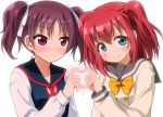  2girls bangs blush bow closed_mouth commentary_request ears_visible_through_hair eyebrows_visible_through_hair green_eyes hair_between_eyes heart heart_hands kazuno_leah kurosawa_ruby looking_at_viewer love_live! love_live!_school_idol_project multiple_girls purple_hair redhead saint_snow school_uniform sidelocks twintails umekichi violet_eyes white_background yellow_bow 