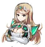  1girl armor blonde_hair breasts cleavage dress gloves mythra_(xenoblade) large_breasts long_hair looking_at_viewer nke_toumi solo white_background xenoblade xenoblade_2 yellow_eyes 