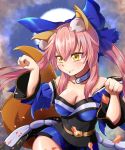  1girl animal_ears bare_shoulders blue_ribbon blush bow breasts cleavage collarbone detached_sleeves eyebrows_visible_through_hair fang fate/grand_order fate_(series) fox_ears fox_tail hair_bow hair_ribbon highres japanese_clothes large_breasts looking_at_viewer out-of-frame_censoring paw_pose pink_hair ribbon solo tail tamamo_(fate)_(all) tamamo_no_mae_(fate) yellow_eyes yunyunmaru 