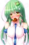  1girl bare_shoulders breasts chocolate chocolate_heart commentary_request detached_sleeves eyes_visible_through_hair frog_hair_ornament green_hair hair_ornament hair_tubes heart highres kochiya_sanae large_breasts long_hair looking_away mouth_hold osashin_(osada) simple_background snake_hair_ornament solo sweatdrop touhou upper_body valentine white_background yellow_eyes 