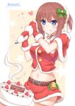  1girl :q azur_lane blue_eyes bow brown_hair cake capelet commentary_request food fruit hair_bow hair_ornament highres holding long_hair navel repulse_(azur_lane) santa_costume simple_background solo strawberry takeg05 tongue tongue_out translated 