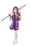  1girl backpack bag barefoot beach_umbrella bottle breasts brown_hair cleavage dorothy_(princess_principal) full_body highres long_hair looking_at_viewer official_art open_mouth over_shoulder princess_principal princess_principal_game_of_mission purple_skirt skirt solo standing sweatdrop transparent_background umbrella violet_eyes wine_bottle 