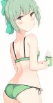  1girl ass bad_id bad_twitter_id bangs blunt_bangs bow bra breasts closed_mouth coffee coffee_mug cole cowboy_shot crotch_seam cup eyebrows_visible_through_hair green_bow green_bra green_hair green_panties hair_bow highres holding_mug kantai_collection light_brown_eyes looking_at_viewer looking_back mug panties short_hair short_ponytail shoulder_blades side-tie_panties simple_background small_breasts solo steam sweat underwear underwear_only white_background yuubari_(kantai_collection) 