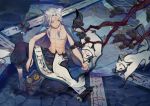  1boy abs absurdres animal_ears blue_hair brush ctrl_(821642) facial_mark forehead_mark fox_ears highres japanese_clothes kitsune long_hair male_focus multicolored_hair navel onmyoji ponytail scroll shirtless sitting solo tree two-tone_hair water white_hair yellow_eyes youko_(onmyoji) 